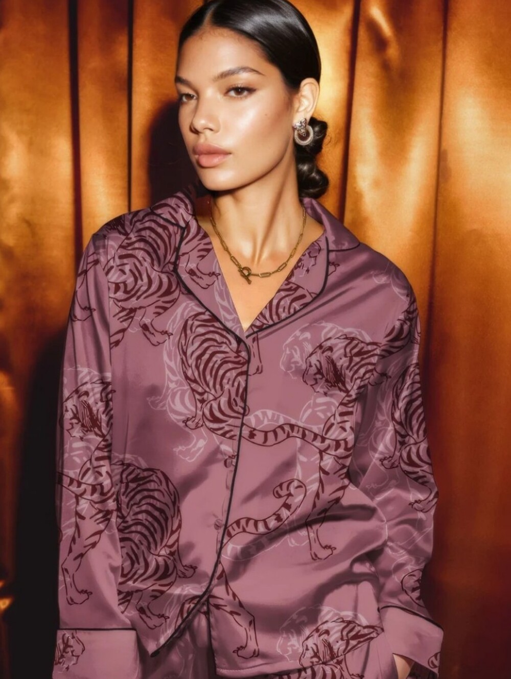 Averie Nuru Tiger Print Satin Pajama Top Mauve Brown Women’s Size S